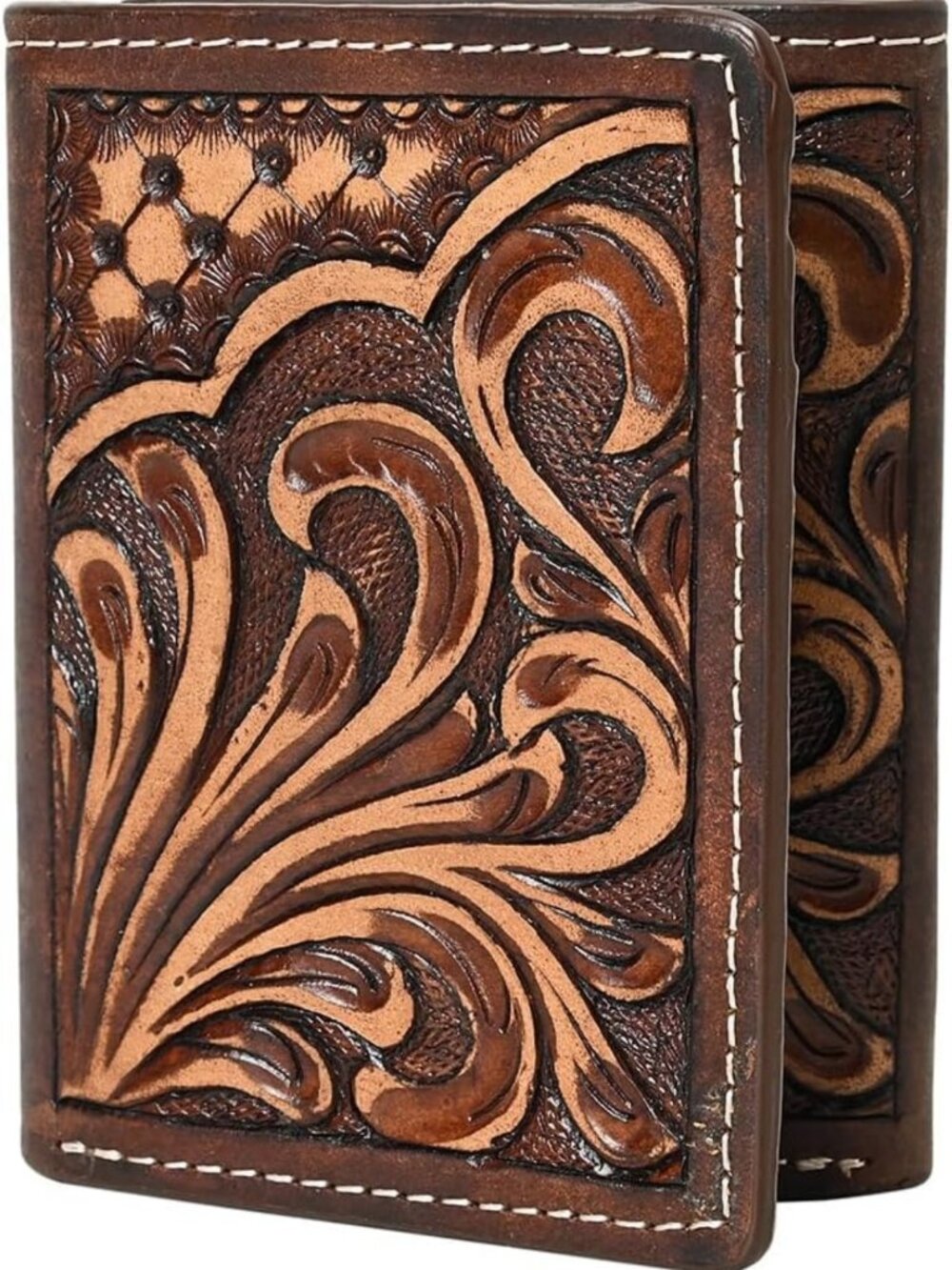 Hand-Tooled Brown Leather Trifold Wallet | Stylish & Durable Accessory